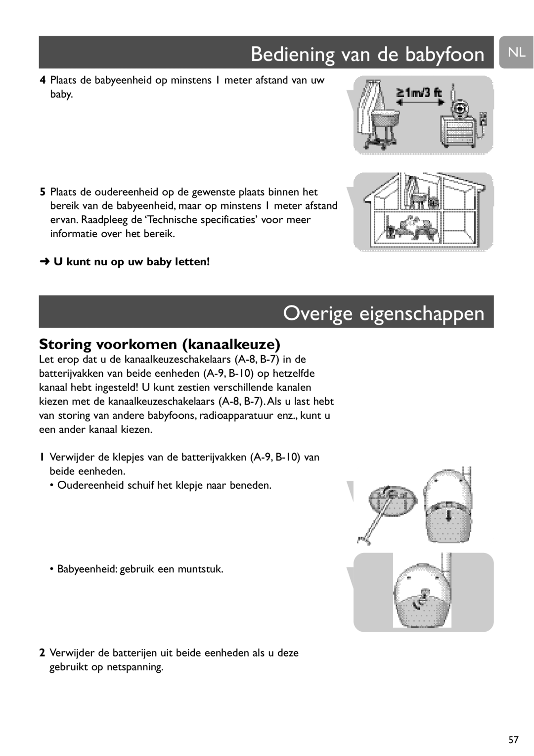 Philips SCD463 user manual Bediening van de babyfoon NL, Overige eigenschappen, Storing voorkomen kanaalkeuze 