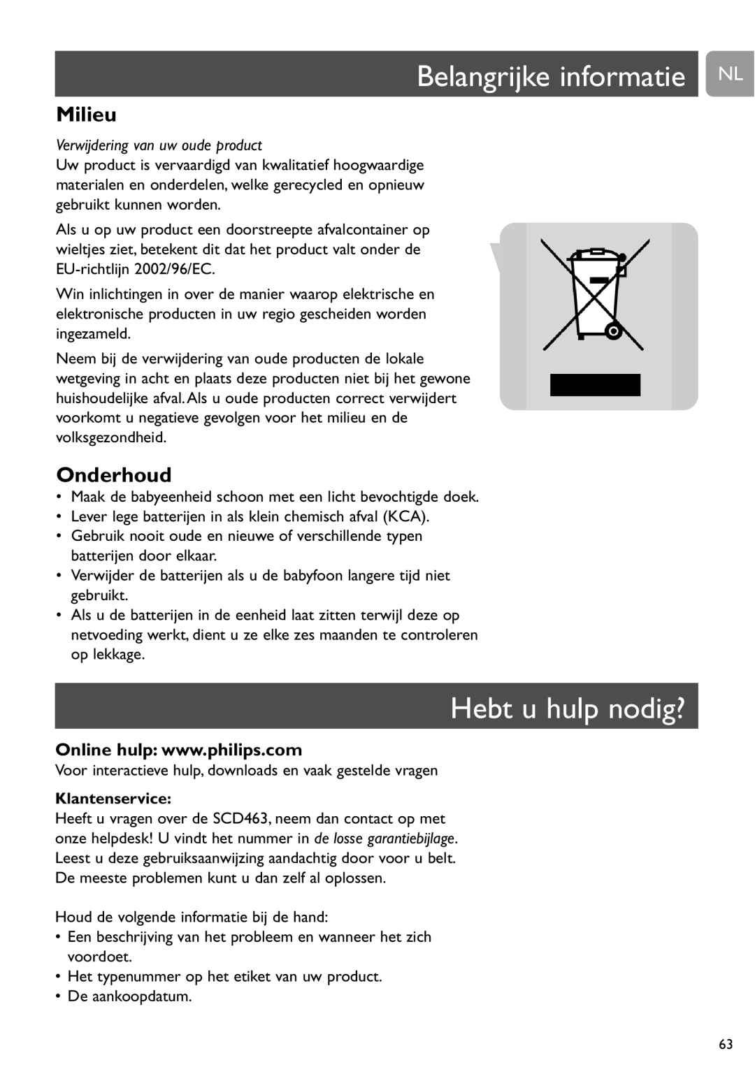 Philips SCD463 user manual Belangrijke informatie NL, Hebt u hulp nodig?, Milieu, Onderhoud, Klantenservice 