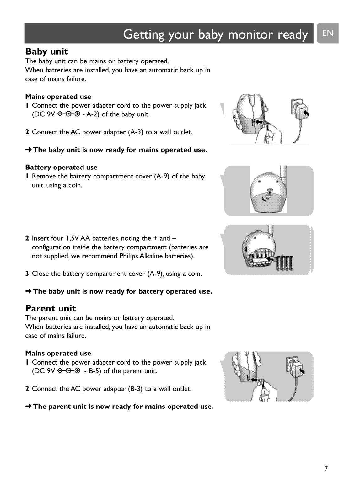 Philips SCD463 Getting your baby monitor ready EN, Mains operated use, Baby unit is now ready for battery operated use 