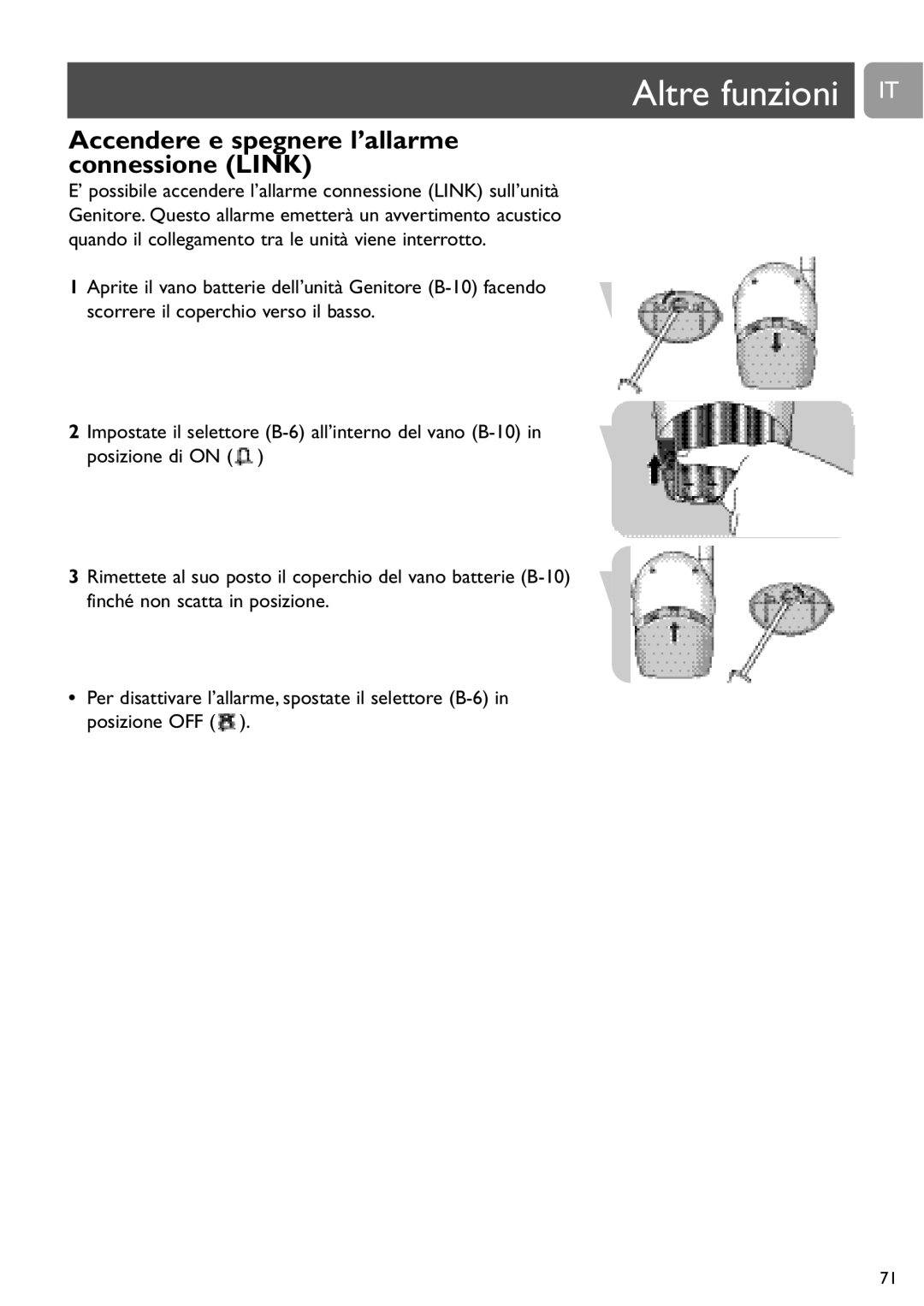 Philips SCD463 user manual Altre funzioni IT, Accendere e spegnere l’allarme connessione Link 