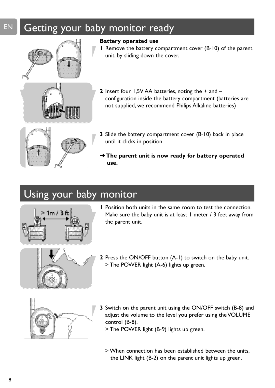 Philips SCD463 user manual EN Getting your baby monitor ready, Using your baby monitor 