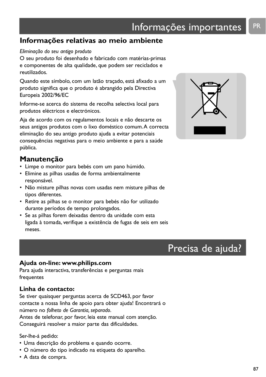 Philips SCD463 Informações importantes PR, Precisa de ajuda?, Informações relativas ao meio ambiente, Manutenção 