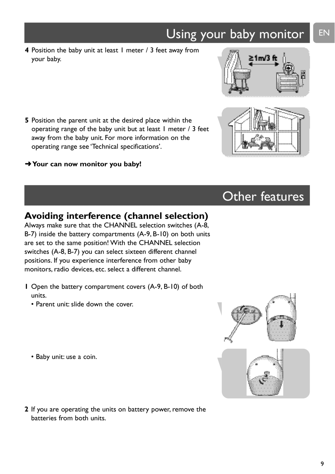 Philips SCD463 user manual Using your baby monitor EN, Other features, Avoiding interference channel selection 