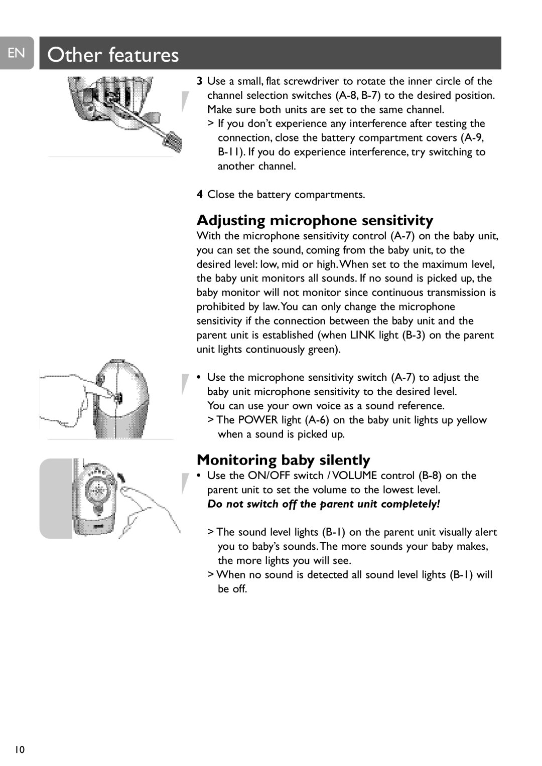 Philips SCD464 user manual EN Other features, Adjusting microphone sensitivity, Monitoring baby silently 