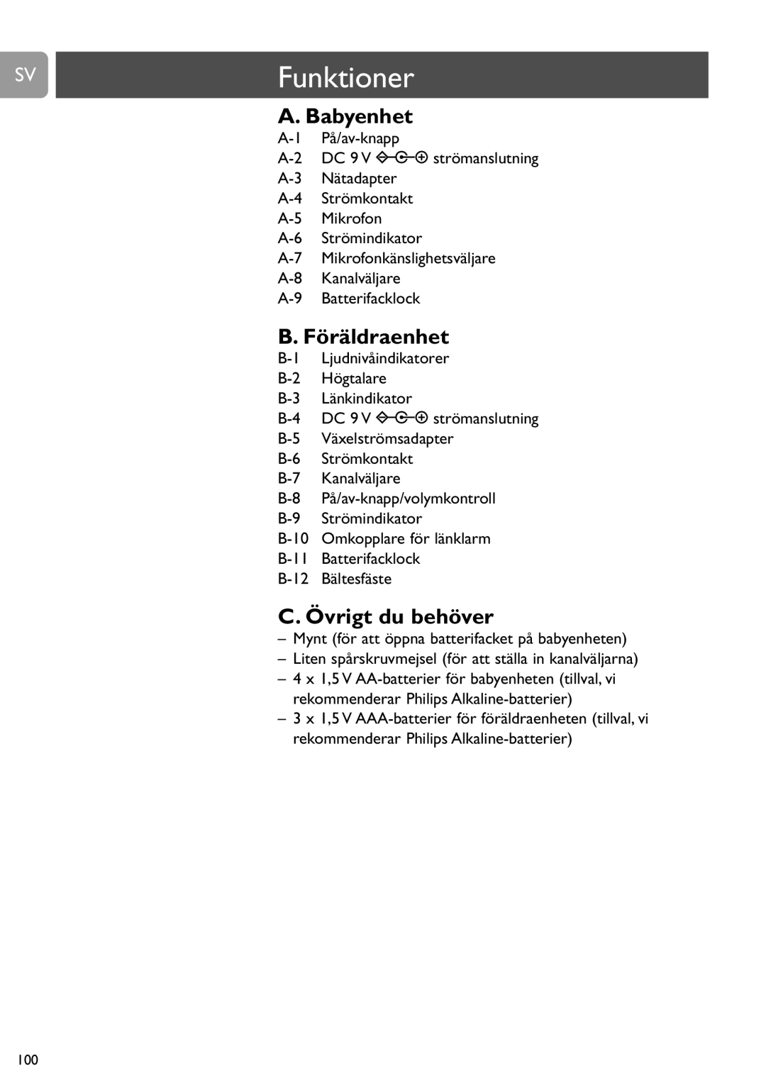 Philips SCD464 user manual Funktioner, Babyenhet, Föräldraenhet, Övrigt du behöver 