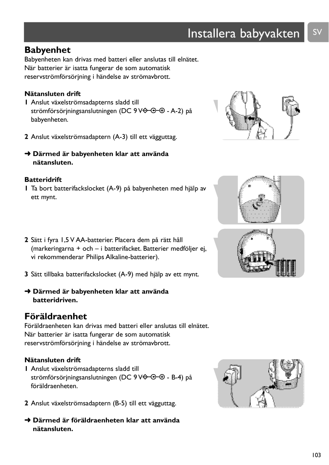 Philips SCD464 Installera babyvakten SV, Nätansluten drift, Sätt tillbaka batterifackslocket A-9 med hjälp av ett mynt 