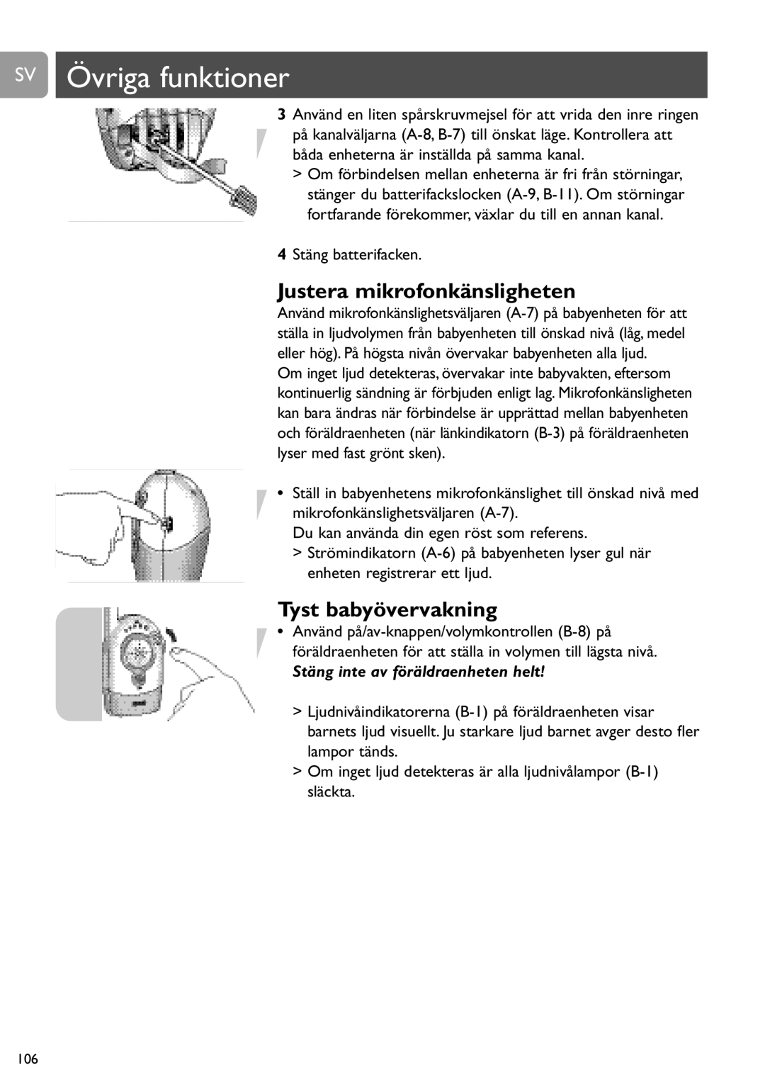 Philips SCD464 user manual SV Övriga funktioner, Justera mikrofonkänsligheten, Tyst babyövervakning, Stäng batterifacken 