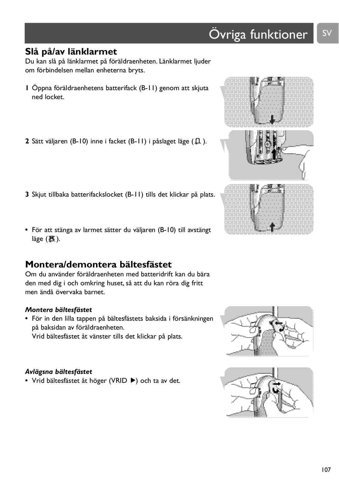 Philips SCD464 user manual Övriga funktioner SV, Slå på/av länklarmet, Montera/demontera bältesfästet, Montera bältesfästet 