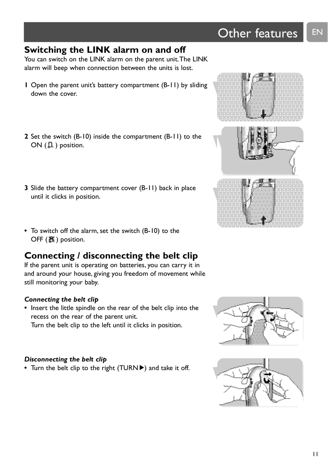 Philips SCD464 user manual Other features EN, Switching the Link alarm on and off, Connecting / disconnecting the belt clip 