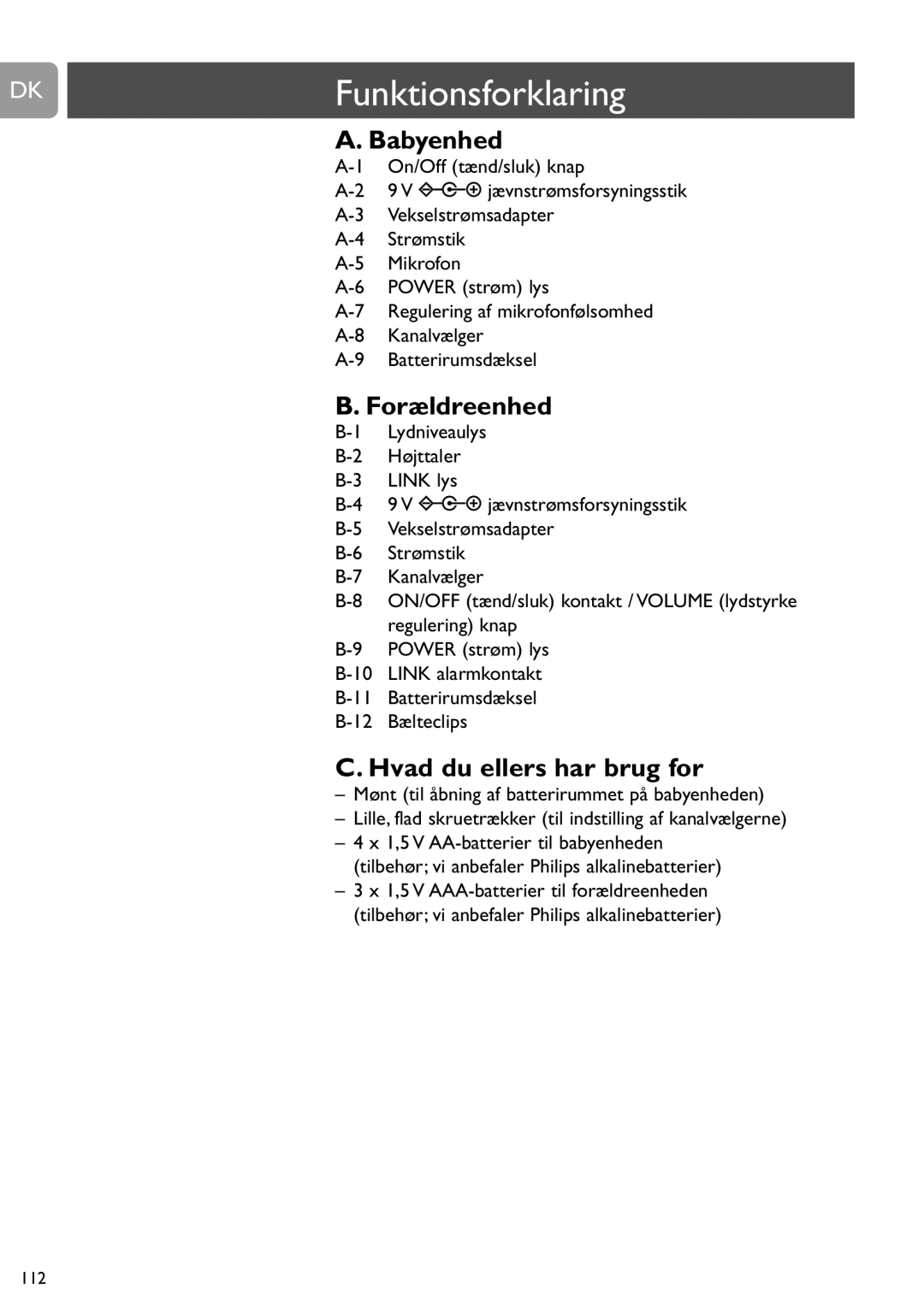 Philips SCD464 user manual DKFunktionsforklaring, Babyenhed, Forældreenhed, Hvad du ellers har brug for 