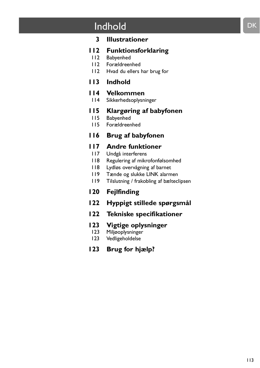 Philips SCD464 user manual Indhold, Babyenhed 112 Forældreenhed Hvad du ellers har brug for, Sikkerhedsoplysninger 