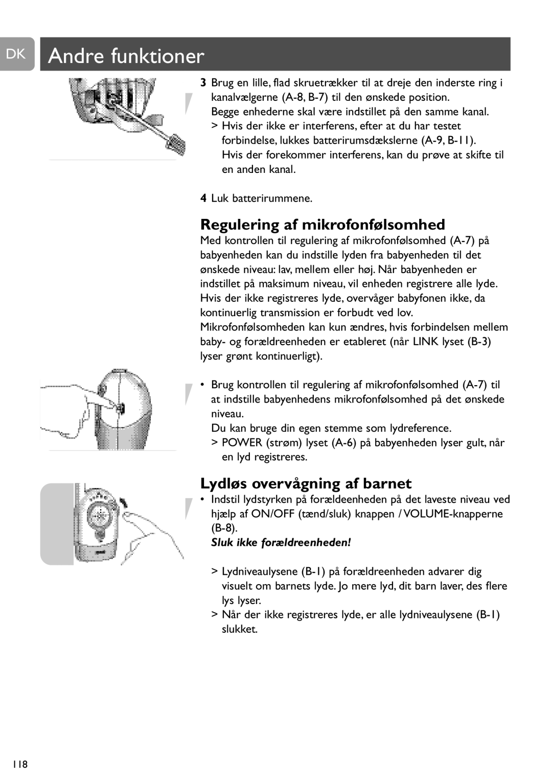 Philips SCD464 user manual DK Andre funktioner, Regulering af mikrofonfølsomhed, Lydløs overvågning af barnet 