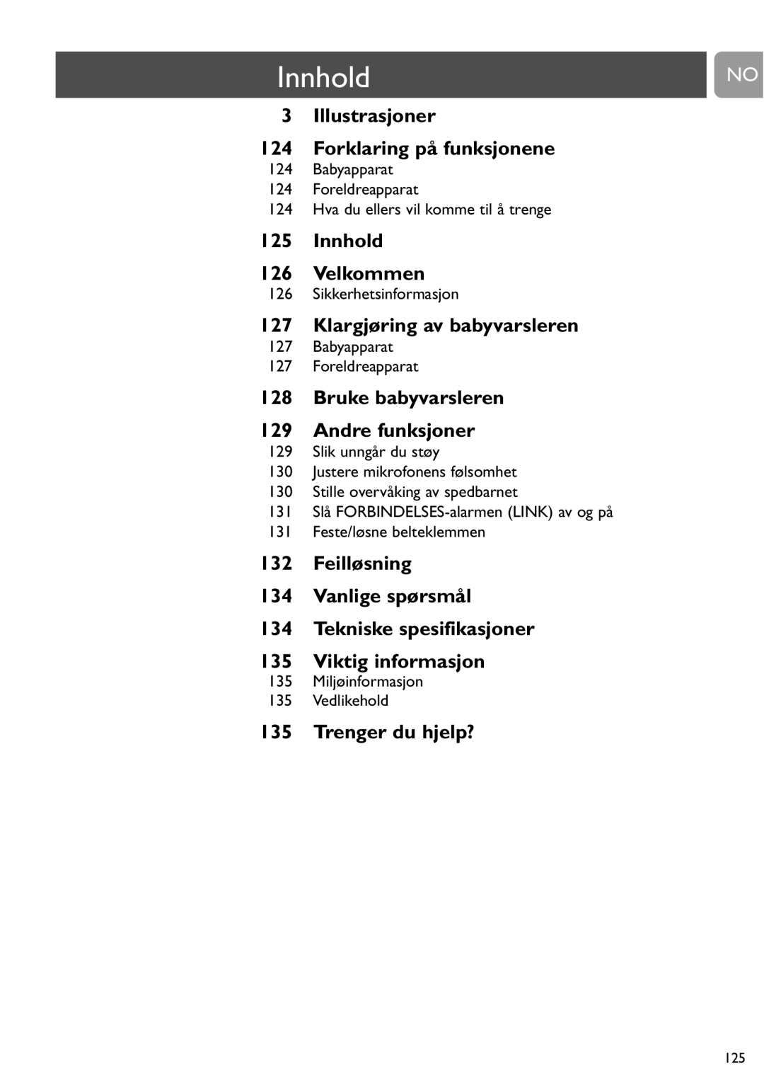 Philips SCD464 user manual Innhold, Sikkerhetsinformasjon, Babyapparat Foreldreapparat, Miljøinformasjon Vedlikehold 