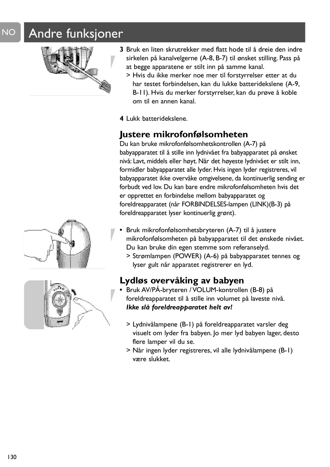 Philips SCD464 No Andre funksjoner, Justere mikrofonfølsomheten, Lydløs overvåking av babyen, Lukk batteridekslene 