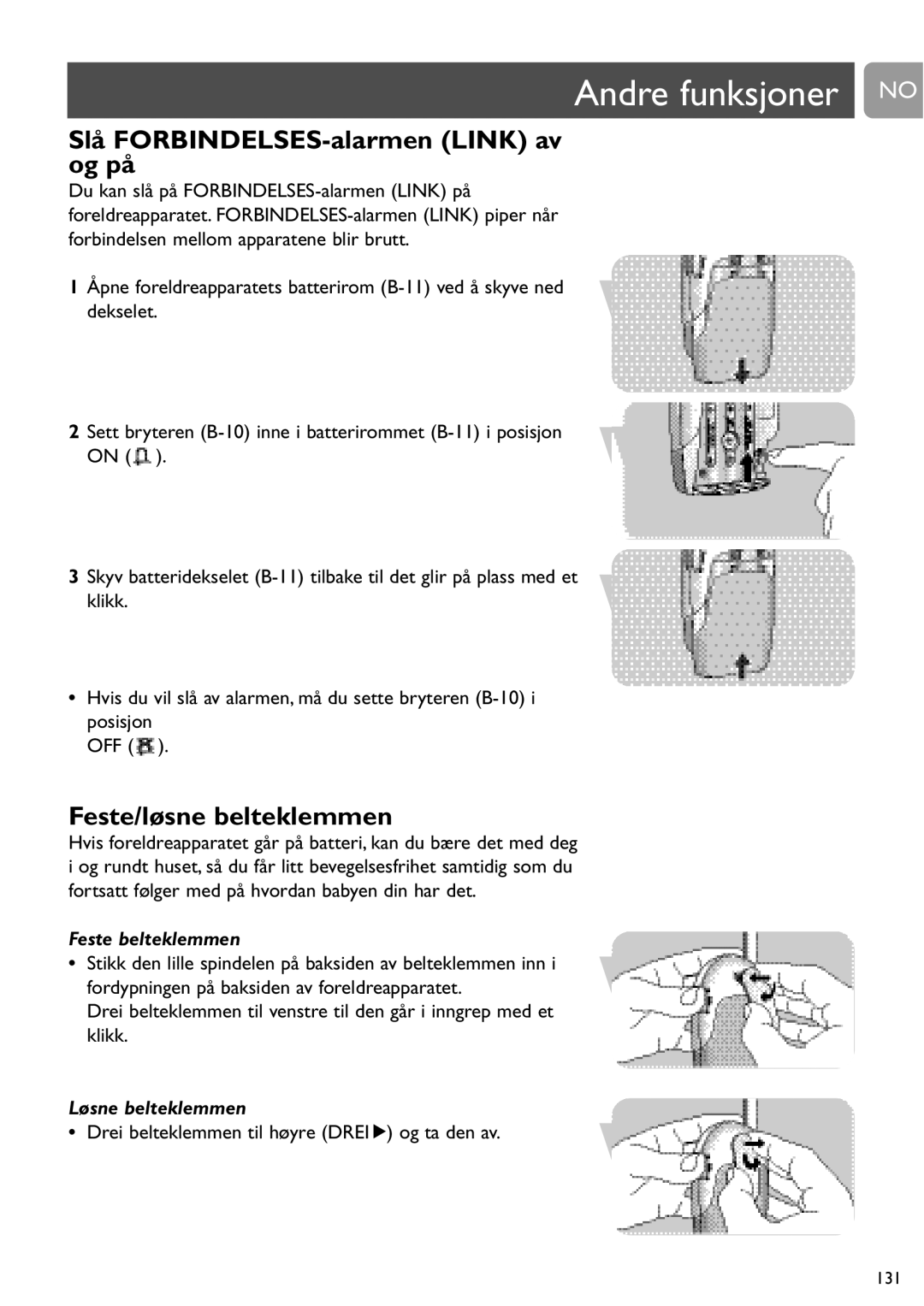 Philips SCD464 Andre funksjoner no, Slå FORBINDELSES-alarmen Link av og på, Feste/løsne belteklemmen, Feste belteklemmen 