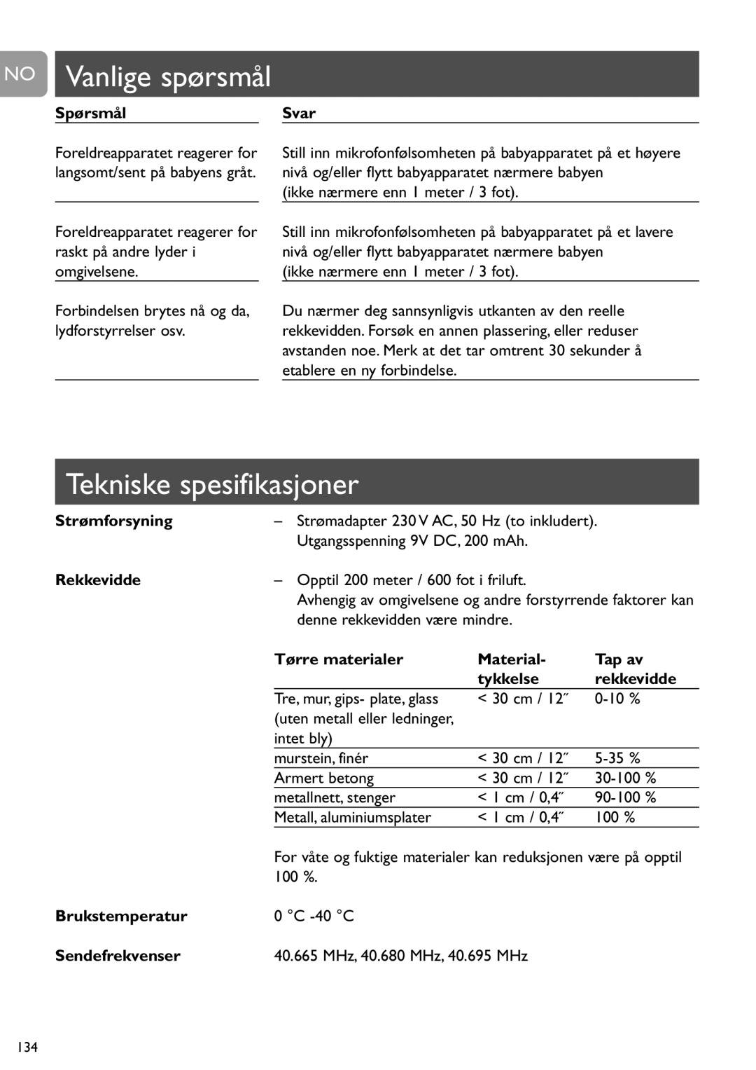 Philips SCD464 user manual No Vanlige spørsmål, Tekniske spesifikasjoner 