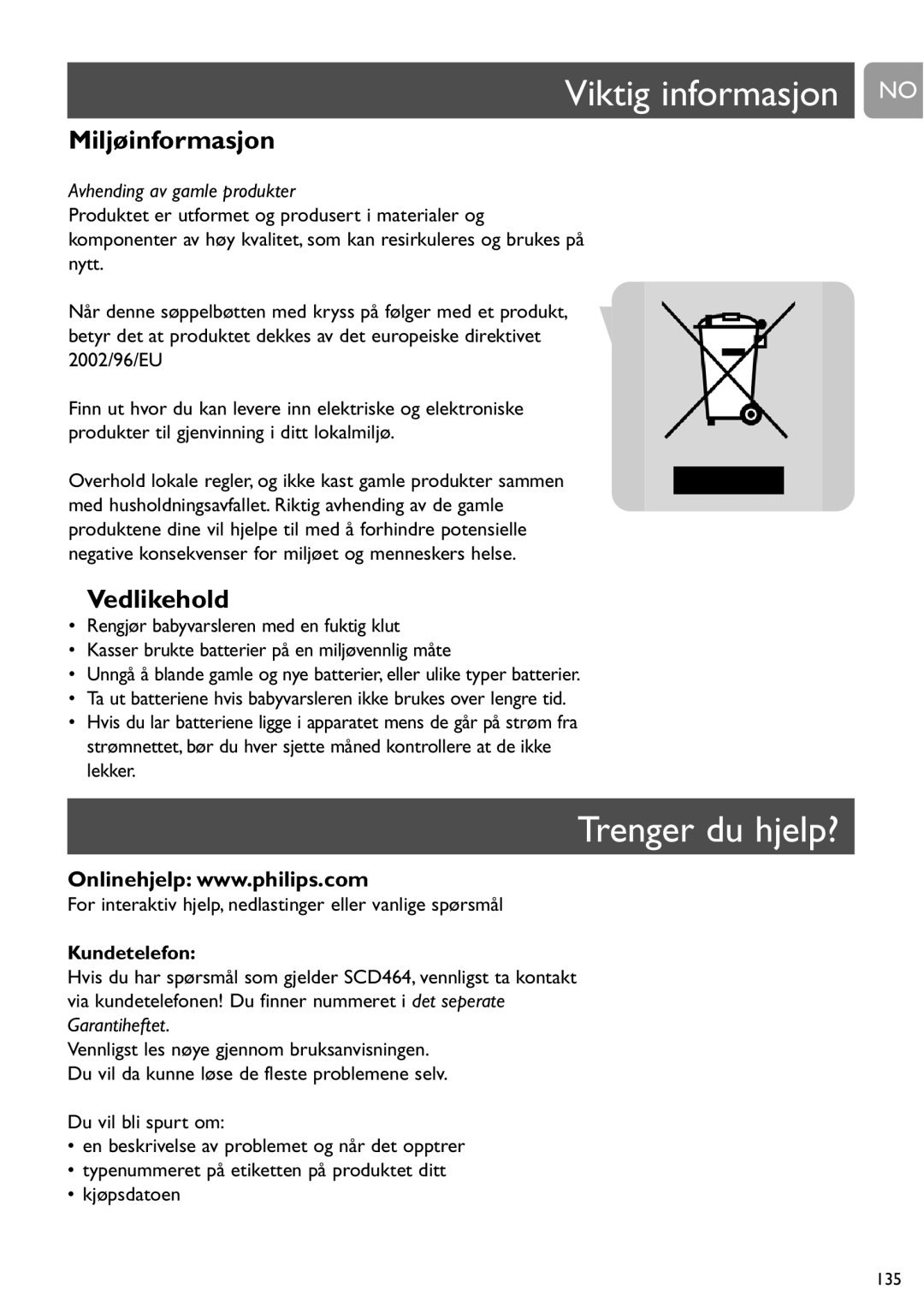 Philips SCD464 user manual Viktig informasjon no, Trenger du hjelp?, Miljøinformasjon, Vedlikehold, Kundetelefon 