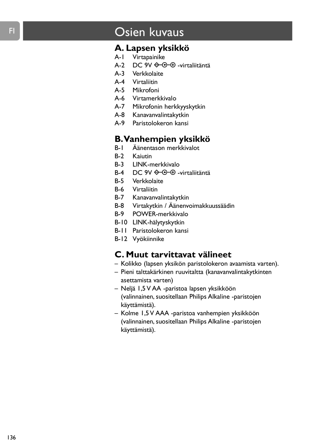 Philips SCD464 user manual Osien kuvaus, Lapsen yksikkö, Vanhempien yksikkö, Muut tarvittavat välineet 