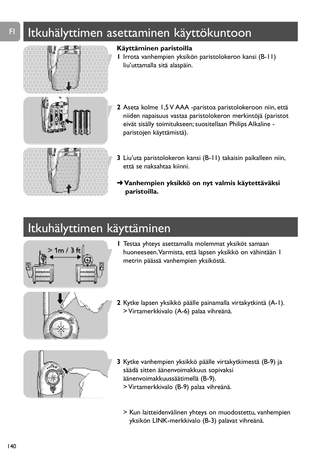 Philips SCD464 user manual FI Itkuhälyttimen asettaminen käyttökuntoon, Itkuhälyttimen käyttäminen 