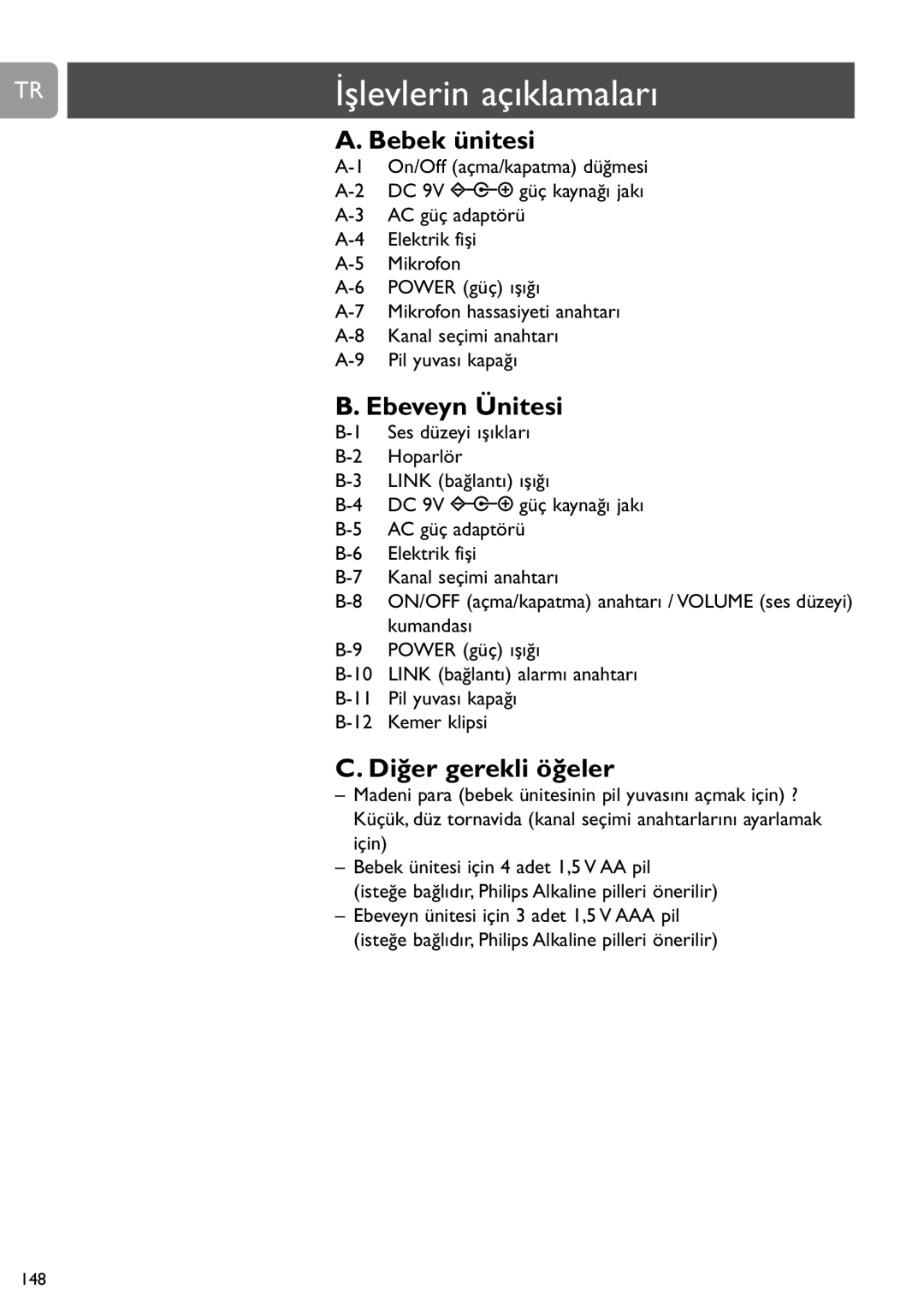 Philips SCD464 user manual İşlevlerin açıklamaları, Bebek ünitesi, Ebeveyn Ünitesi, Diğer gerekli öğeler 