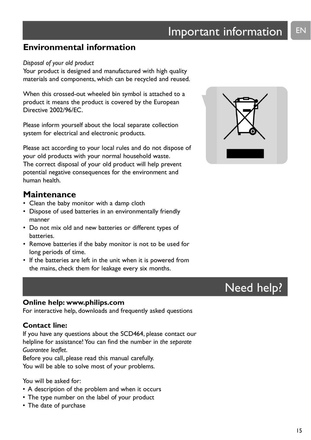 Philips SCD464 Important information EN, Need help?, Environmental information, Maintenance, Disposal of your old product 