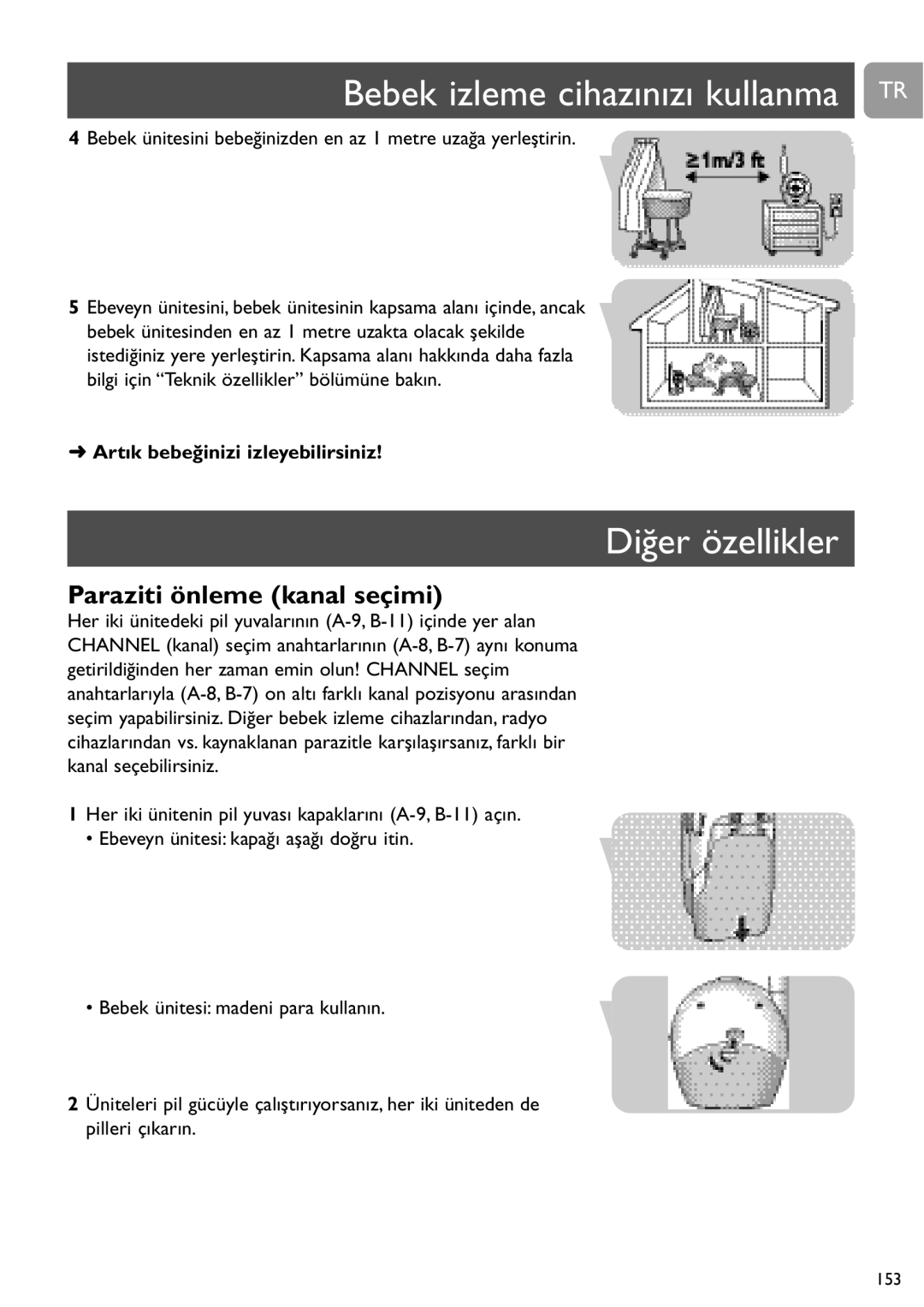 Philips SCD464 user manual Bebek izleme cihazınızı kullanma TR, Diğer özellikler, Paraziti önleme kanal seçimi 