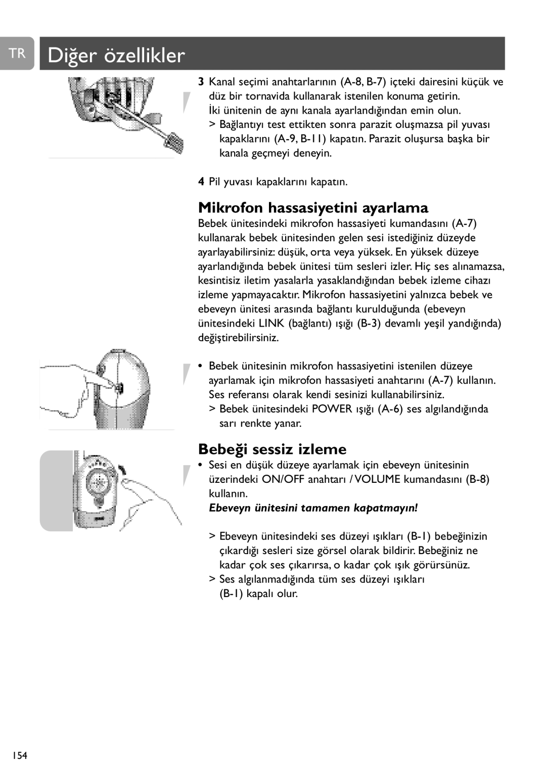 Philips SCD464 user manual TR Diğer özellikler, Mikrofon hassasiyetini ayarlama, Bebeği sessiz izleme 