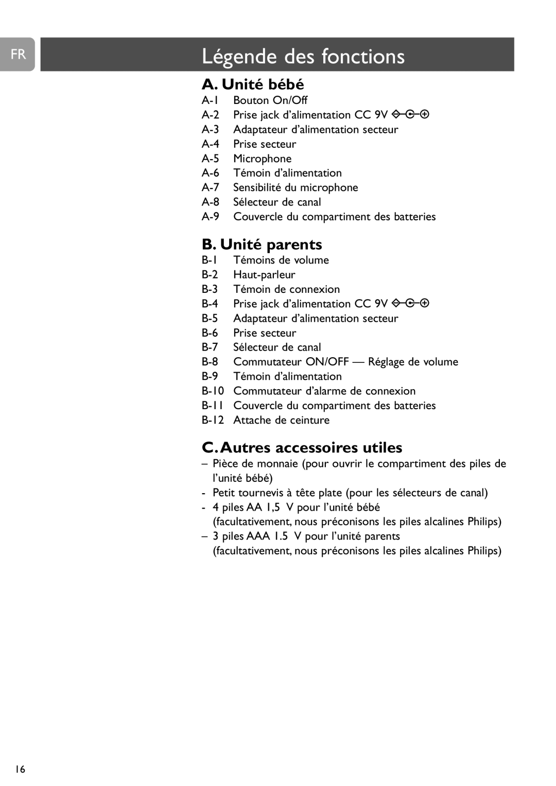 Philips SCD464 user manual Légende des fonctions, Unité bébé, Unité parents, Autres accessoires utiles 