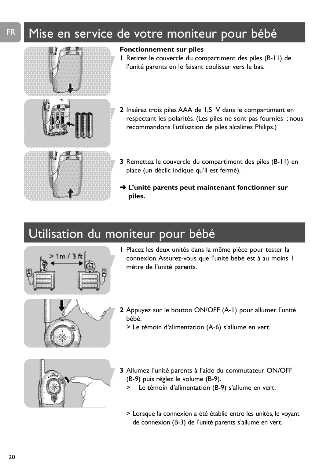 Philips SCD464 FR Mise en service de votre moniteur pour bébé, Utilisation du moniteur pour bébé, Fonctionnement sur piles 