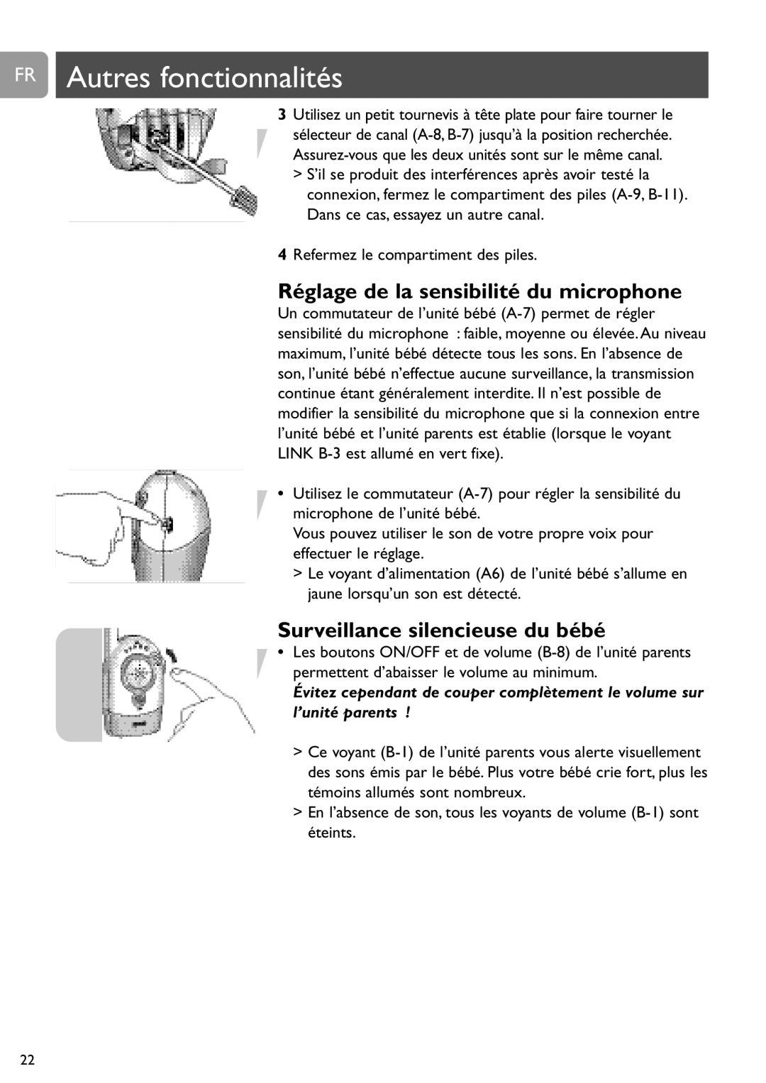 Philips SCD464 FR Autres fonctionnalités, Réglage de la sensibilité du microphone, Surveillance silencieuse du bébé 