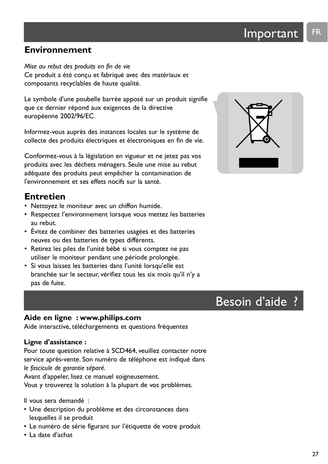 Philips SCD464 user manual Important FR, Besoin d’aide ?, Environnement, Entretien, Ligne dassistance 