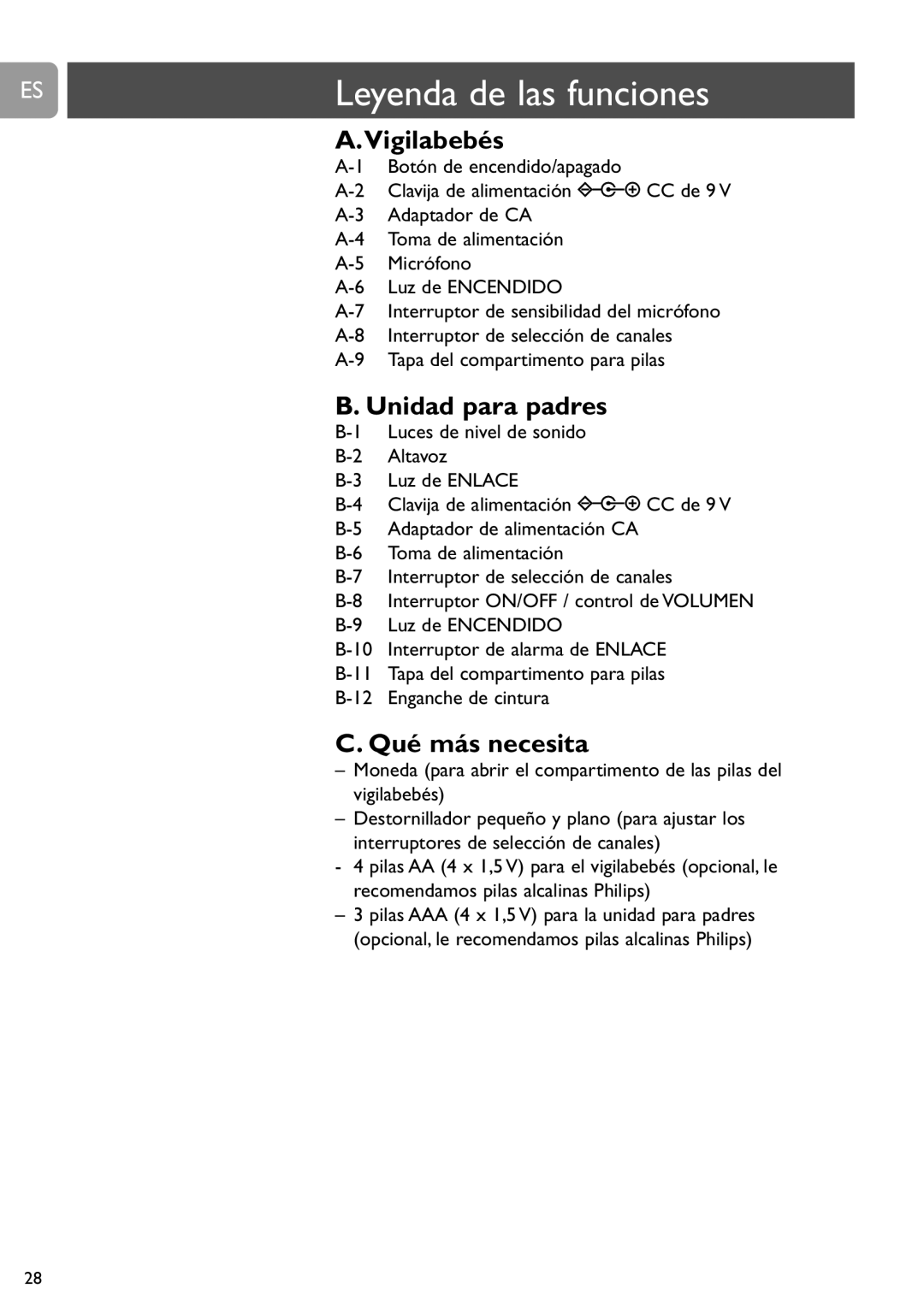 Philips SCD464 user manual Leyenda de las funciones, Vigilabebés, Unidad para padres, Qué más necesita 