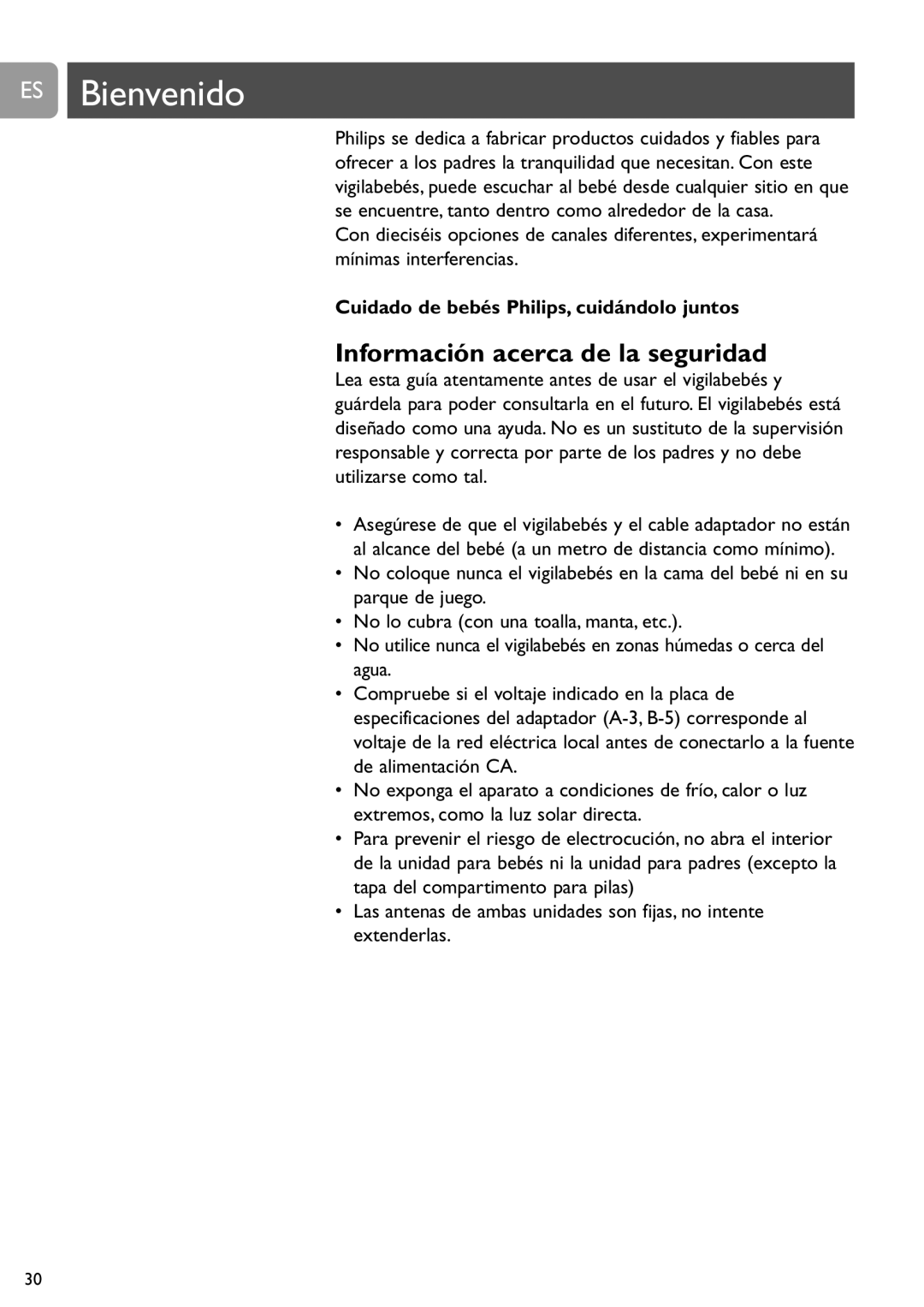 Philips SCD464 user manual ES Bienvenido, Información acerca de la seguridad, Cuidado de bebés Philips, cuidándolo juntos 