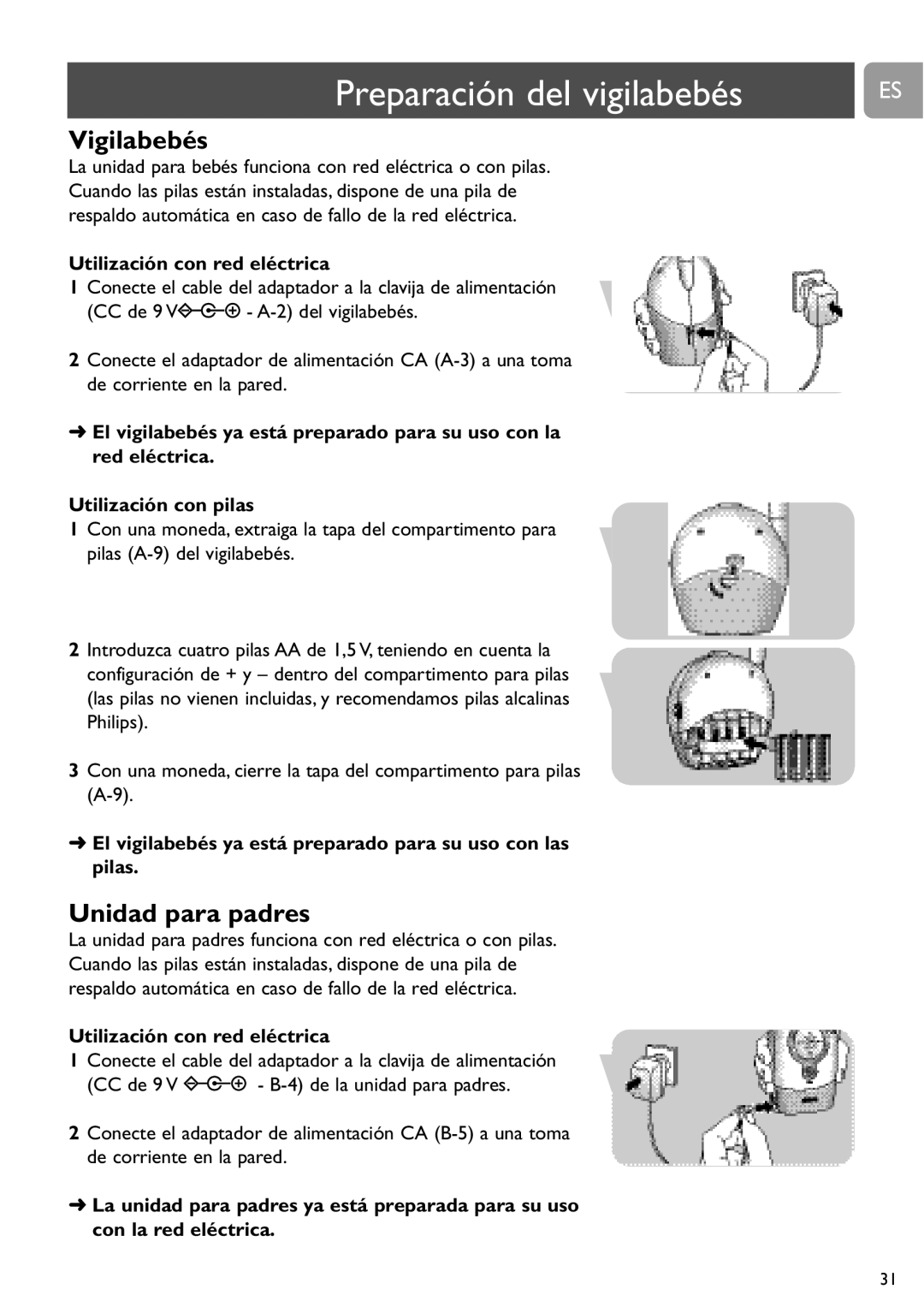 Philips SCD464 user manual Preparación del vigilabebés, Utilización con red eléctrica 