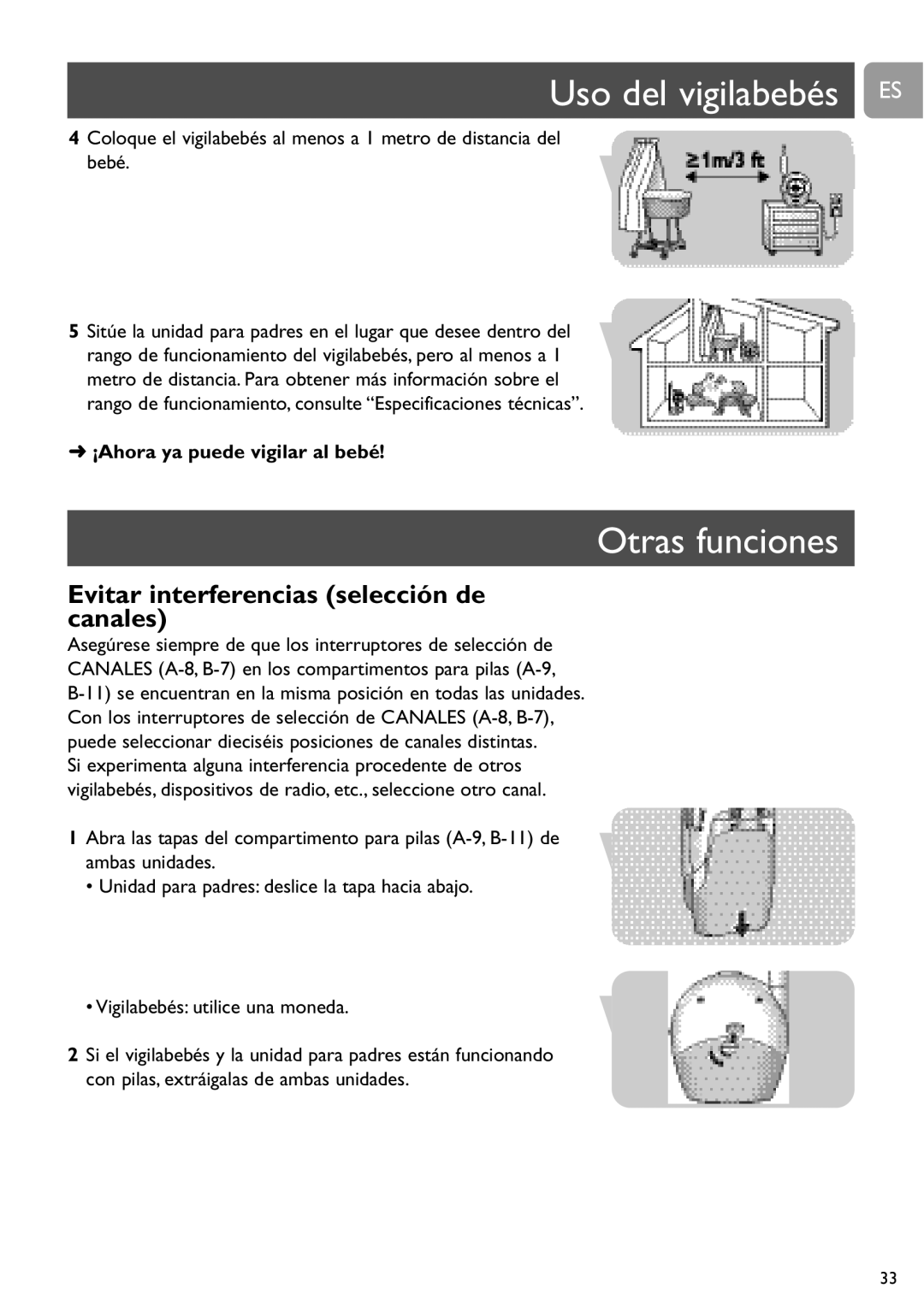 Philips SCD464 user manual Uso del vigilabebés ES, Otras funciones, Evitar interferencias selección de canales 