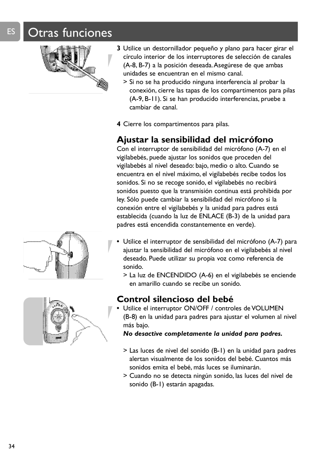 Philips SCD464 user manual ES Otras funciones, Ajustar la sensibilidad del micrófono, Control silencioso del bebé 