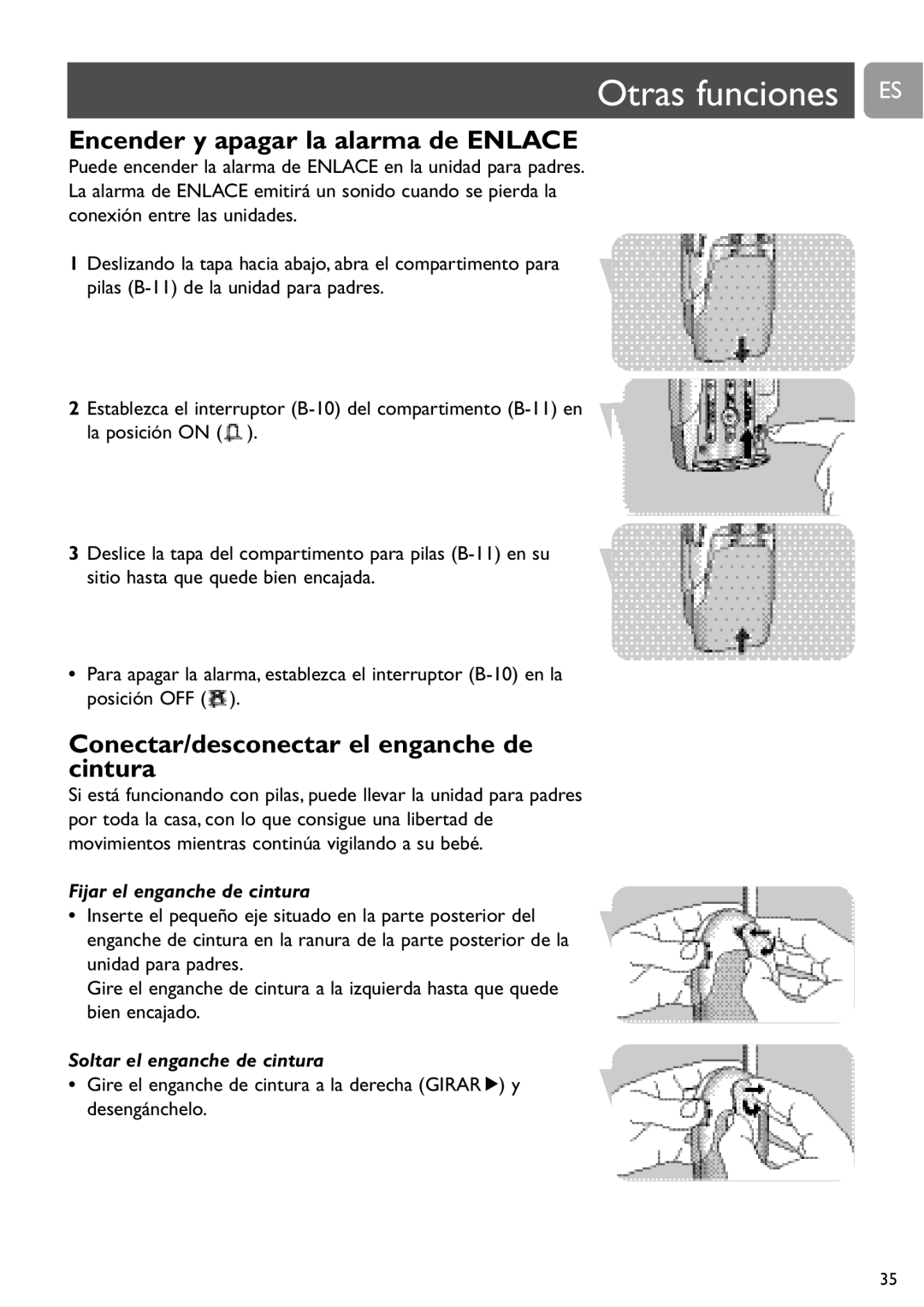 Philips SCD464 Otras funciones ES, Encender y apagar la alarma de Enlace, Conectar/desconectar el enganche de cintura 