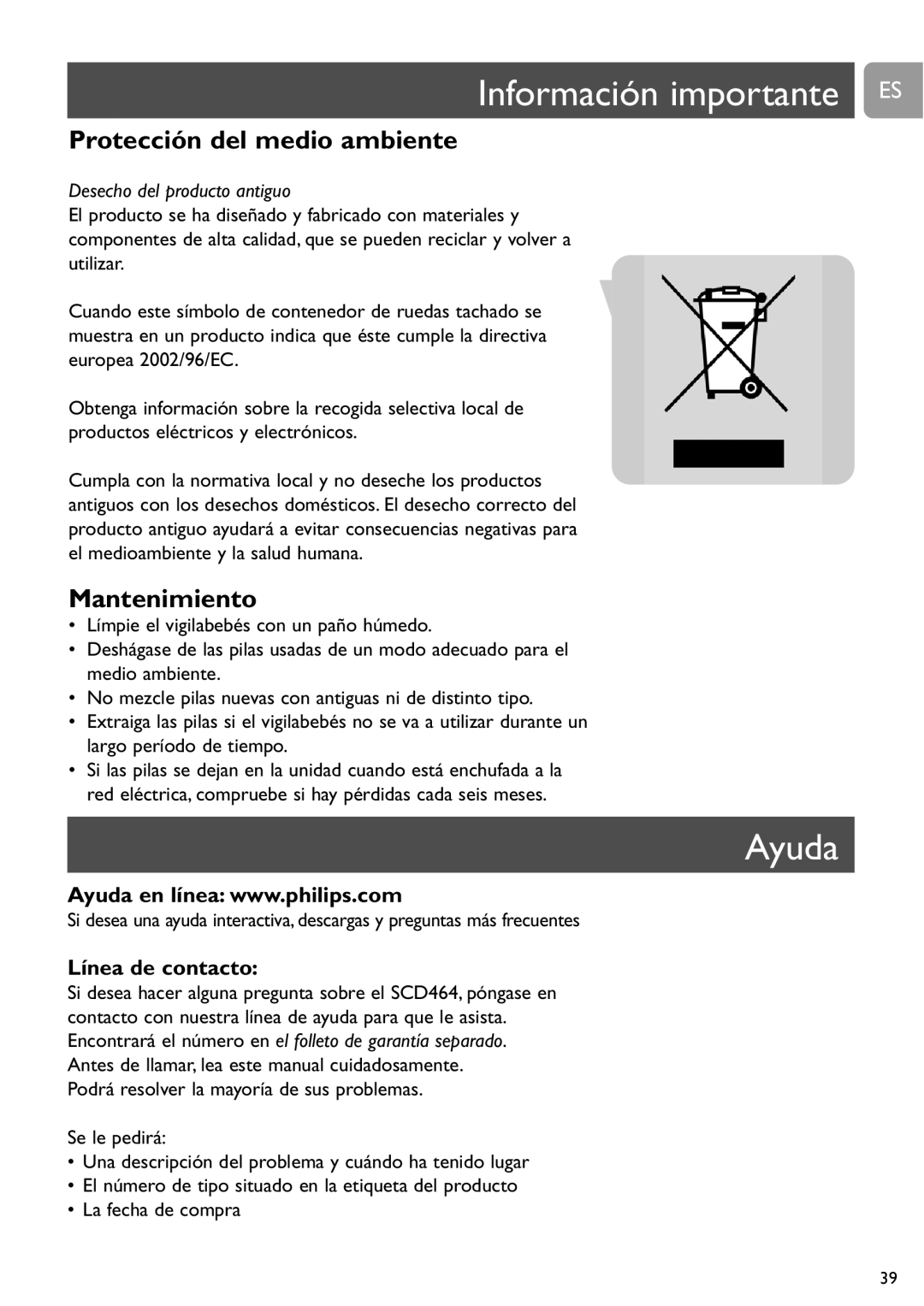 Philips SCD464 user manual Información importante ES, Ayuda, Protección del medio ambiente, Mantenimiento 