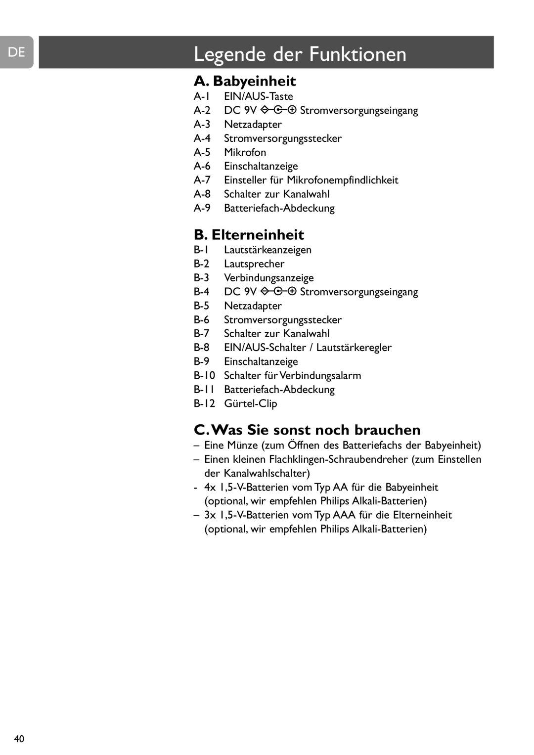 Philips SCD464 user manual Babyeinheit, Elterneinheit, Was Sie sonst noch brauchen 