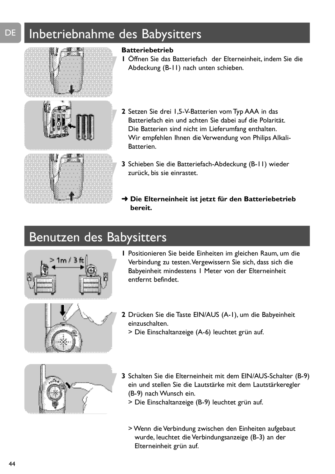 Philips SCD464 user manual DE Inbetriebnahme des Babysitters, Benutzen des Babysitters 