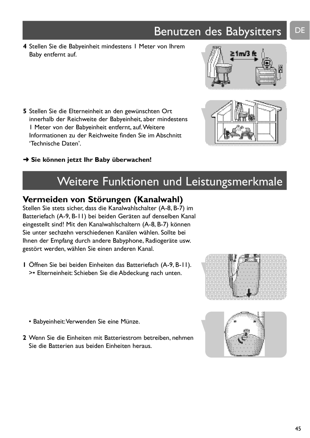 Philips SCD464 Benutzen des Babysitters DE, Weitere Funktionen und Leistungsmerkmale, Vermeiden von Störungen Kanalwahl 