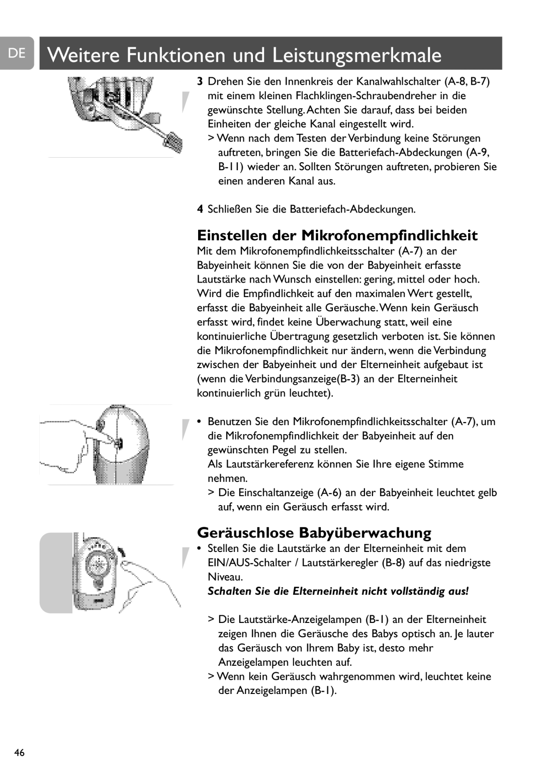 Philips SCD464 user manual DE Weitere Funktionen und Leistungsmerkmale, Einstellen der Mikrofonempfindlichkeit 