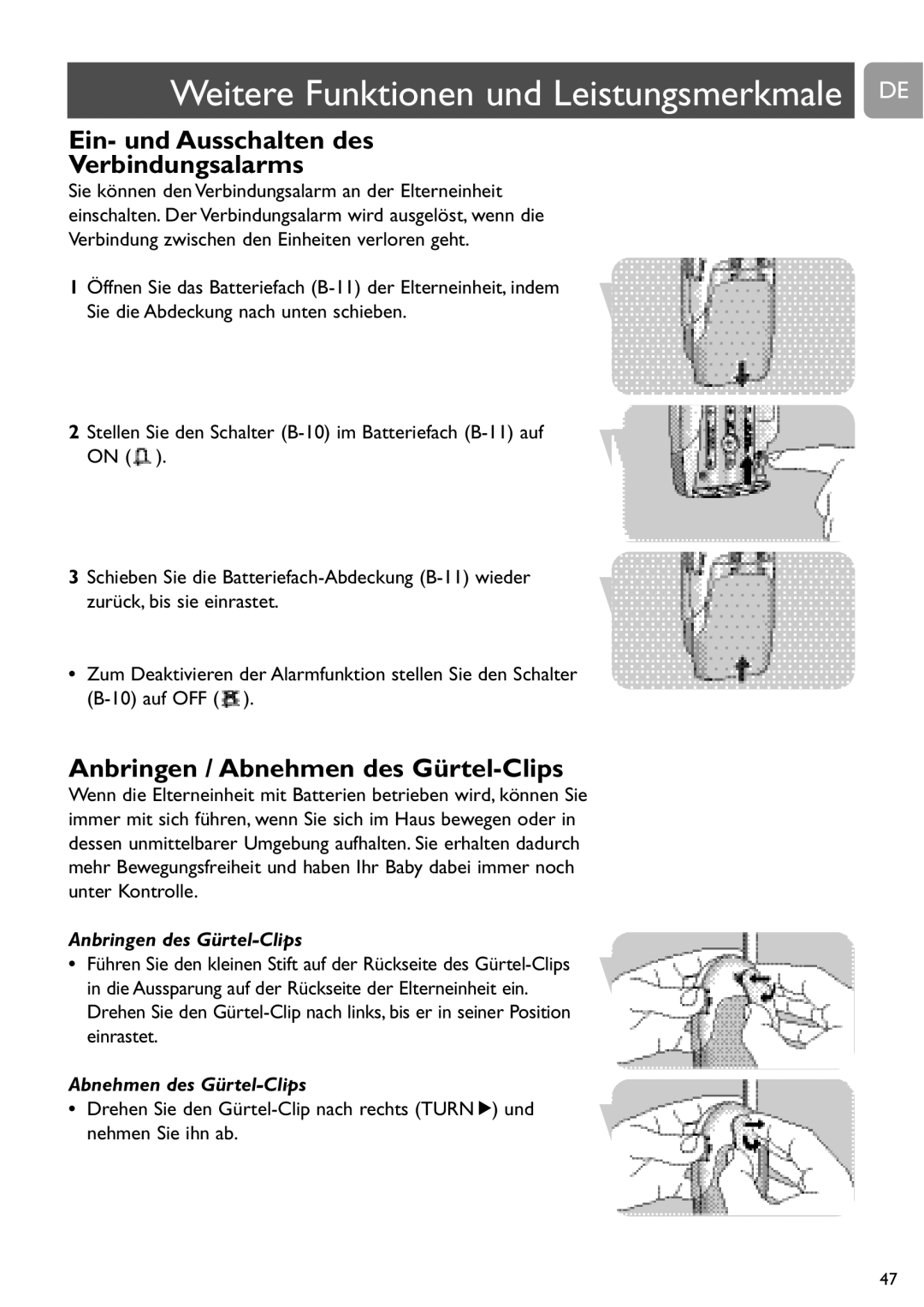 Philips SCD464 user manual Weitere Funktionen und Leistungsmerkmale DE, Ein- und Ausschalten des Verbindungsalarms 