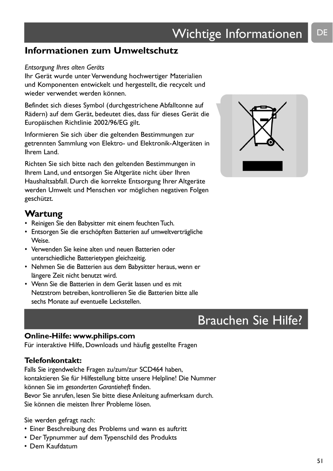 Philips SCD464 user manual Wichtige Informationen DE, Brauchen Sie Hilfe?, Informationen zum Umweltschutz, Wartung 