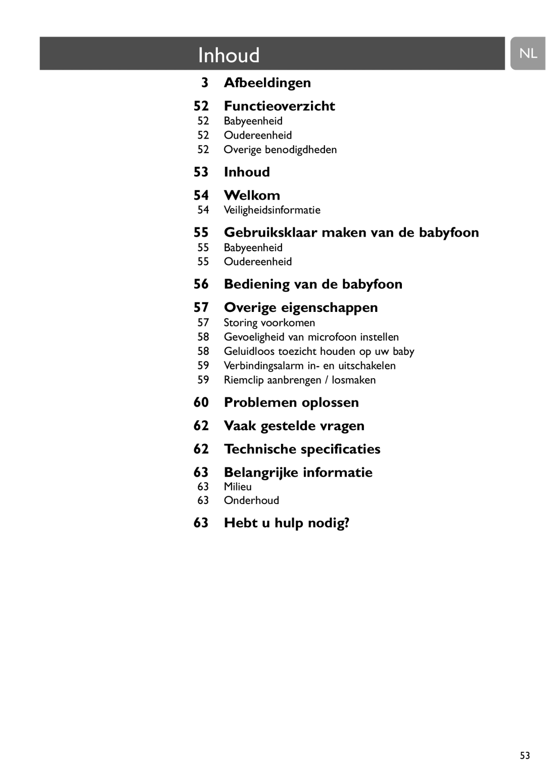 Philips SCD464 user manual Inhoud, Babyeenheid Oudereenheid Overige benodigdheden, Veiligheidsinformatie, Milieu 