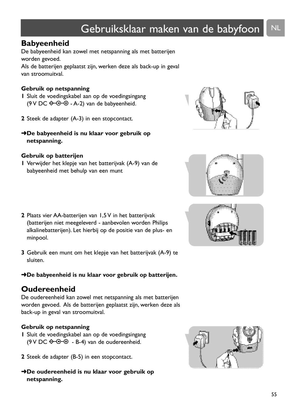 Philips SCD464 user manual Gebruiksklaar maken van de babyfoon NL, Gebruik op netspanning 