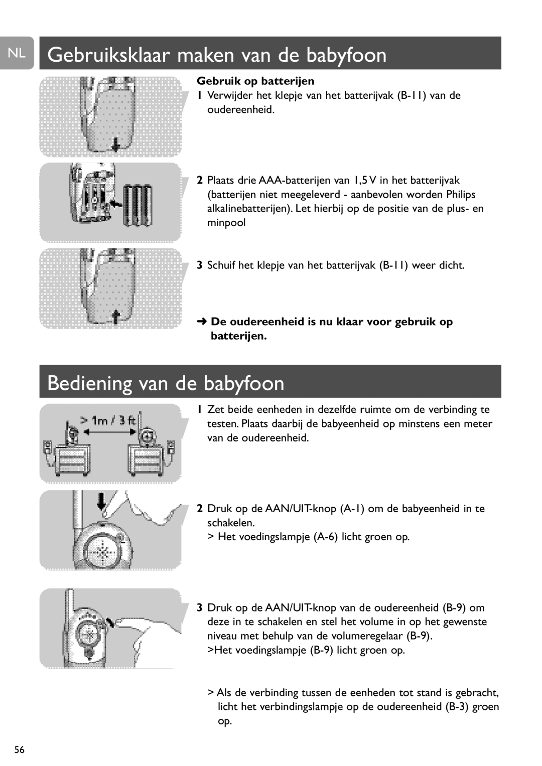 Philips SCD464 user manual NL Gebruiksklaar maken van de babyfoon, Bediening van de babyfoon 