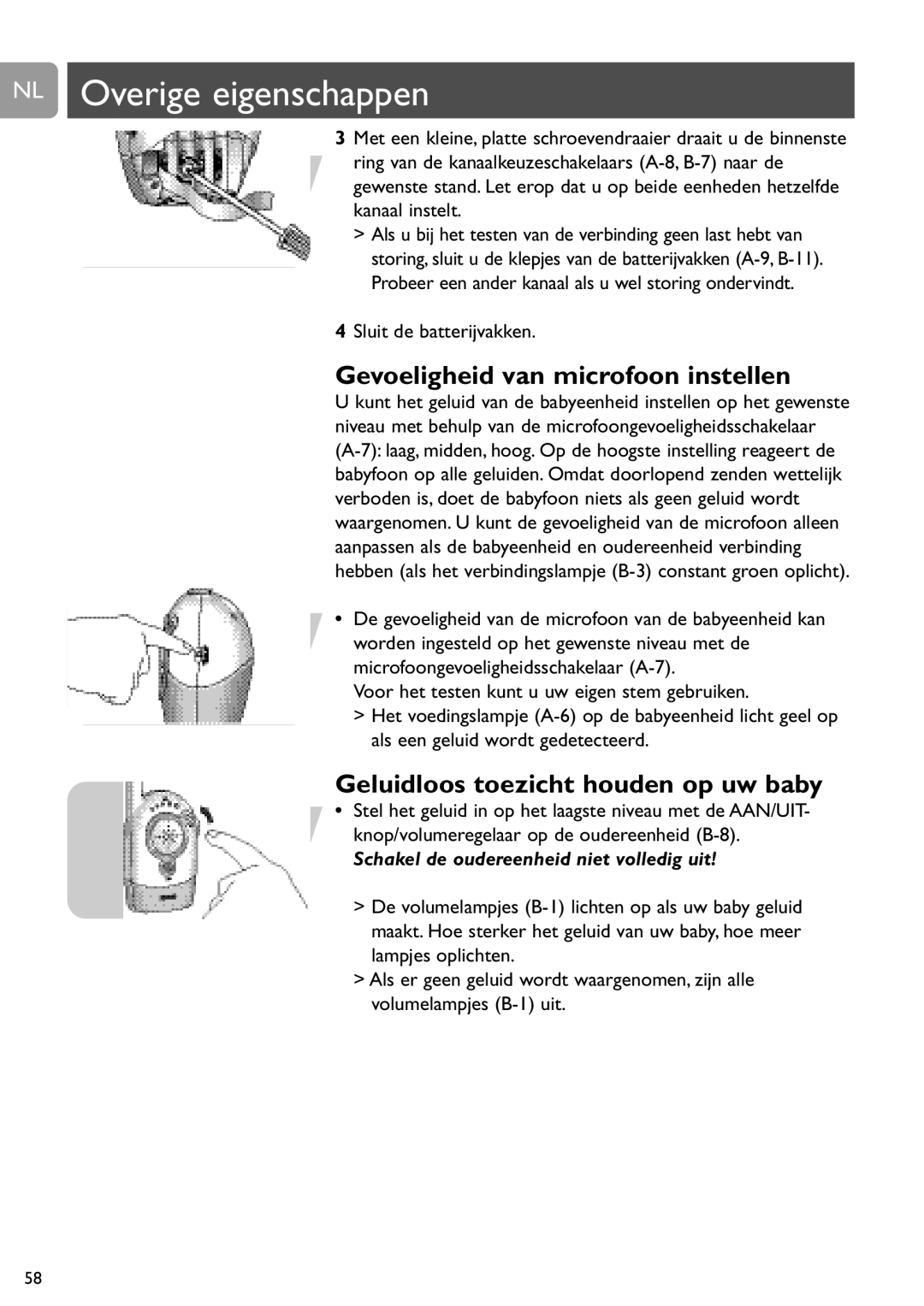 Philips SCD464 NL Overige eigenschappen, Gevoeligheid van microfoon instellen, Geluidloos toezicht houden op uw baby 