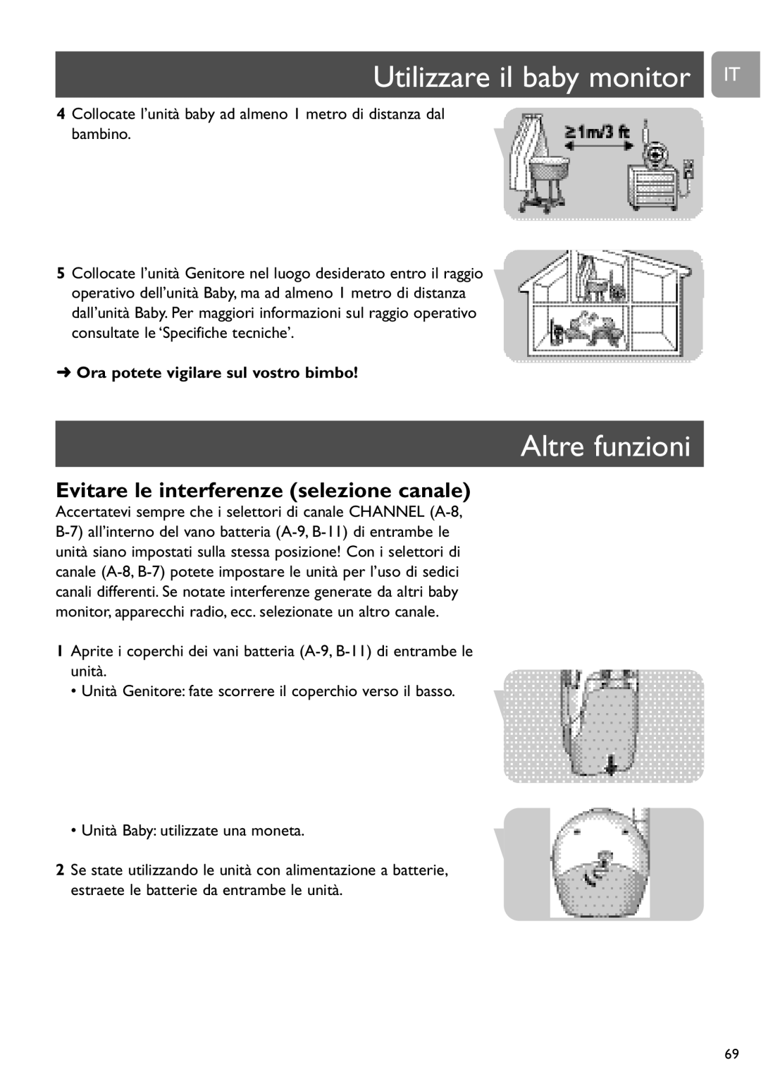 Philips SCD464 user manual Utilizzare il baby monitor IT, Altre funzioni, Evitare le interferenze selezione canale 