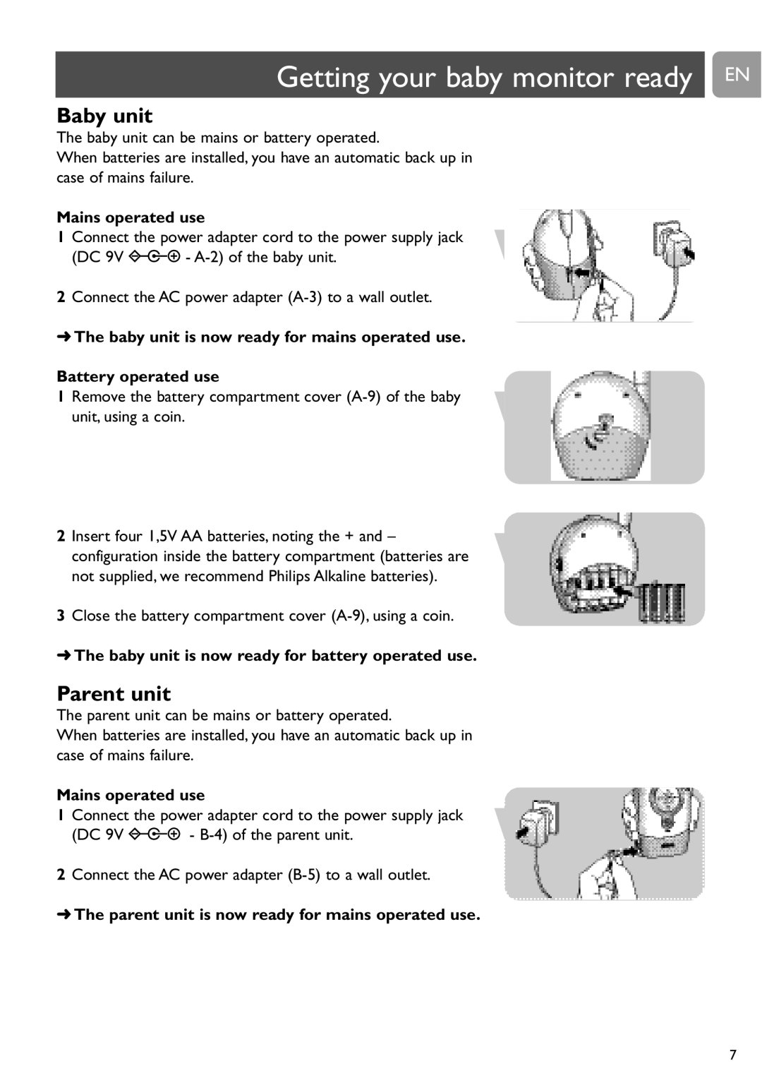 Philips SCD464 Getting your baby monitor ready EN, Mains operated use, Baby unit is now ready for battery operated use 